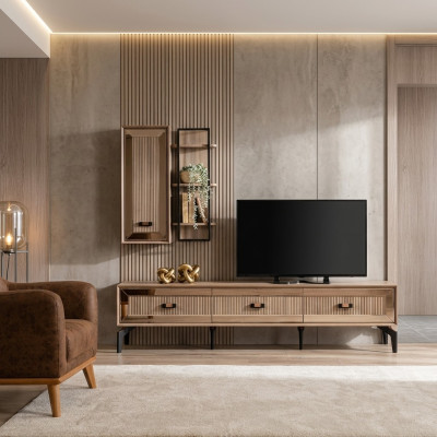 Meuble TV Armoire Armoire TV Meuble bas Salon Étagères Or Bois