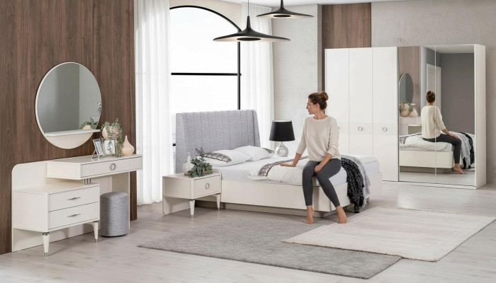 Suite Lit double cadre de lit Tissu Chambre Blanche en bois Ensemble 7 pièces