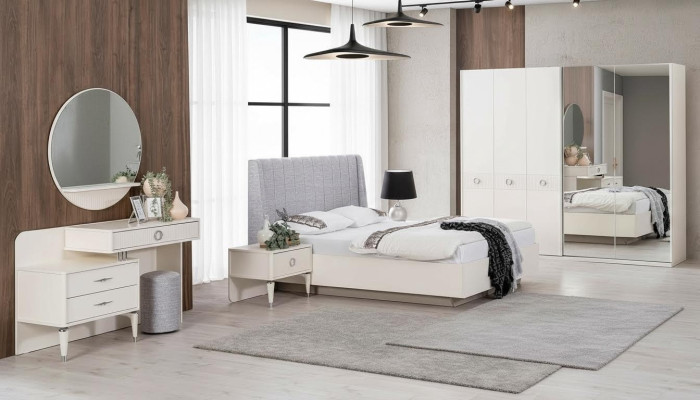 Suite Lit double cadre de lit Tissu Chambre Blanche en bois Ensemble 7 pièces