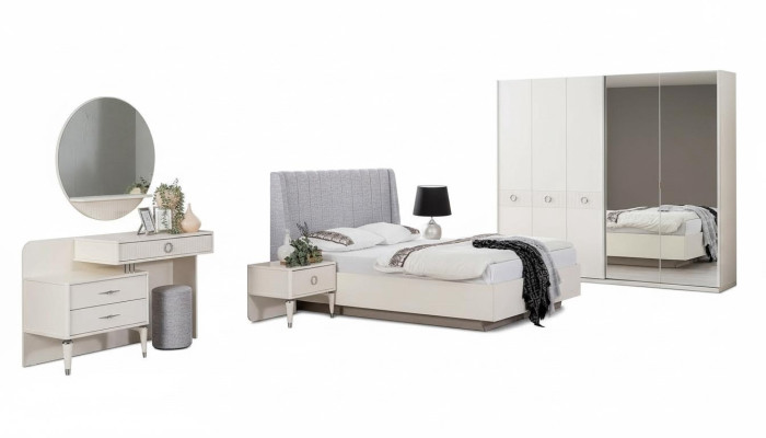 Suite Lit double cadre de lit Tissu Chambre Blanche en bois Ensemble 7 pièces