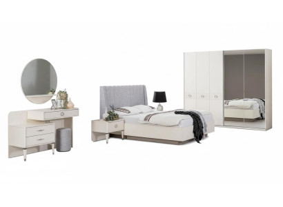 Suite Lit double cadre de lit Tissu Chambre Blanche en bois Ensemble 7 pièces