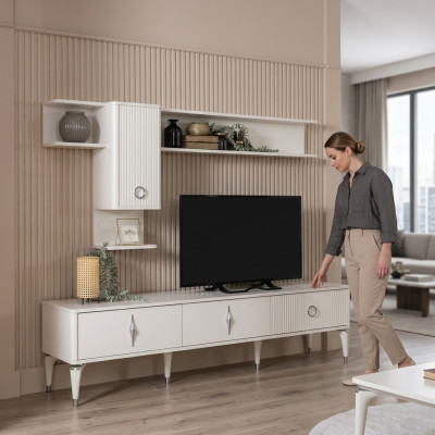 Commode TV complète Armoire TV Meuble TV Basse Salon Étagères Blanc Bois