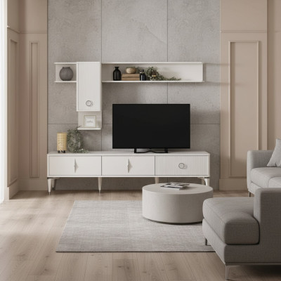 Commode TV complète Armoire TV Meuble TV Basse Salon Étagères Blanc Bois