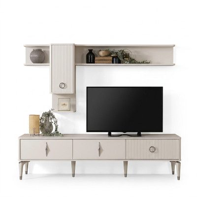 Commode TV complète Armoire TV Meuble TV Basse Salon Étagères Blanc Bois