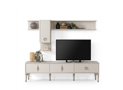 Commode TV complète Armoire TV Meuble TV Basse Salon Étagères Blanc Bois