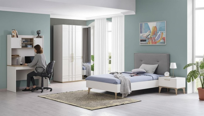 Chambre d'enfant Suite Lit enfant Lit de jeunes Ensemble de lit 4 pièces Bois blanc