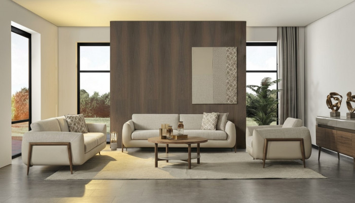 Canapés de luxe, canapé rembourré beige complet et fauteuil trois places assorti, ensemble de trois canapés.