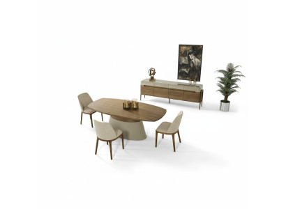 Ensemble de salle à manger complet. Ensemble de salle à manger composé de 8 pièces. Table à manger en bois marron neuf.