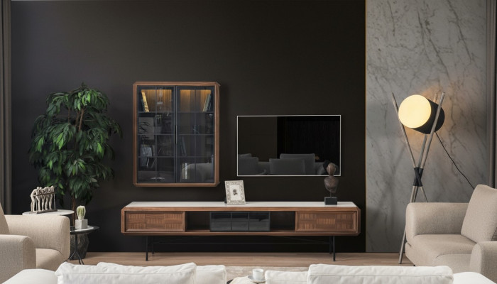 Groupe meuble TV - Buffet TV - Buffet - Armoire 2 pièces en bois brun Étagère