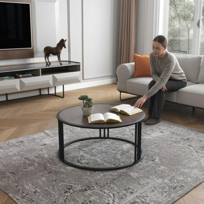 Salle de séjour Table basse Table d'appoint Table en acier inoxydable Meubles Noir Rond