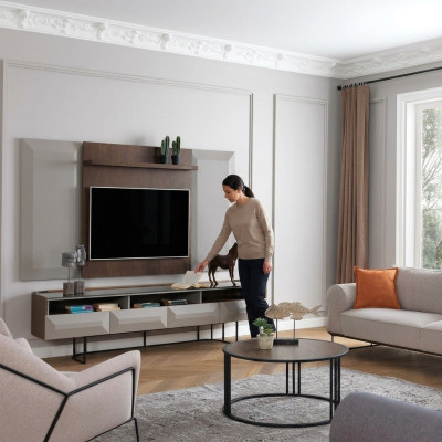 Groupe TV-cabinet Lowboard Meuble TV Buffet Panneau 2 pièces Bois Marron Étagère
