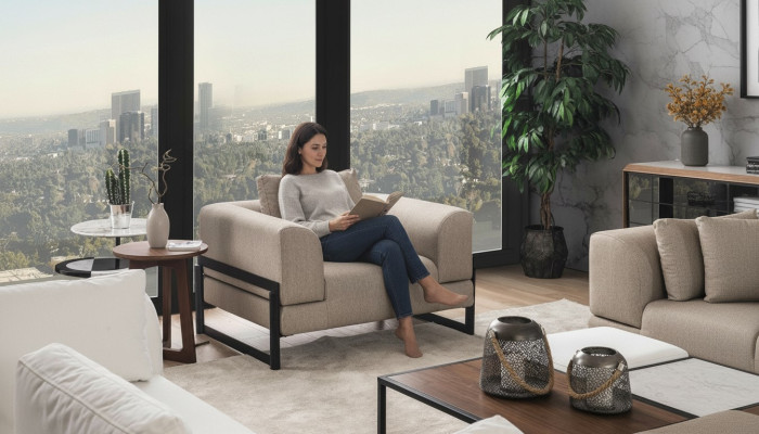 Fauteuil simple en tissu gris en polyester pour une personne, nouveau fauteuil de salon à dossier haut.