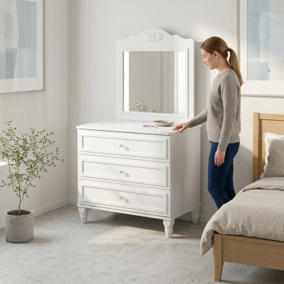 Suite de commode avec miroir Ensemble de chambre en bois blanc Table console