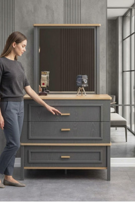 Suite commode avec miroir Chambre en bois Gris Ensemble Table console