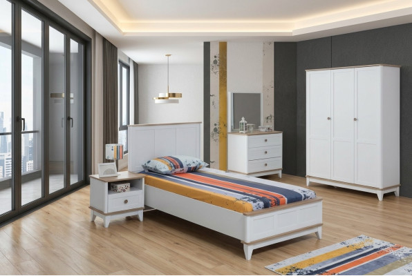 Chambre d'enfants blanche Lit d'enfant Table de chevet Ensemble de lit 2 pièces Bois