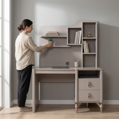Bureau Bureau d'ordinateur Beige Mobilier de bureau Bois Tablette Étagères