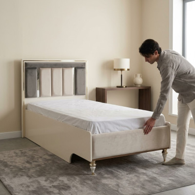 Lit d'enfants Cadre de lit Lit 120cm Chambre d'enfants Cadre de lit en tissu beige