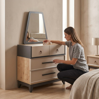 Groupe de commode avec miroir en bois, chambre d'enfant beige, console.