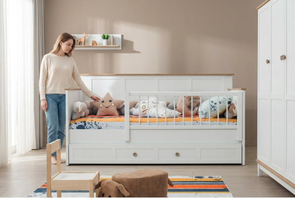 Lit pour enfant, parc pour enfant, lit bébé en bois blanc, lit moderne.