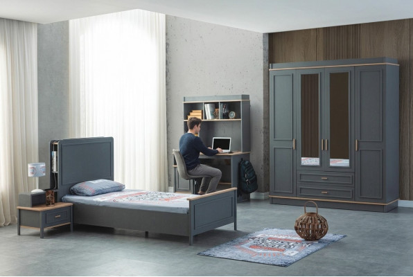 Suite Chambre d'enfants Lit Lit d'enfants Mobilier pour enfants Gris Bois Ensemble 4pcs