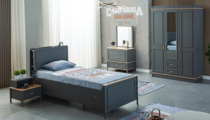 Ensemble de meubles pour enfants pour chambre d'enfants lit enfant lit enfant en bois gris ensemble 5 pièces