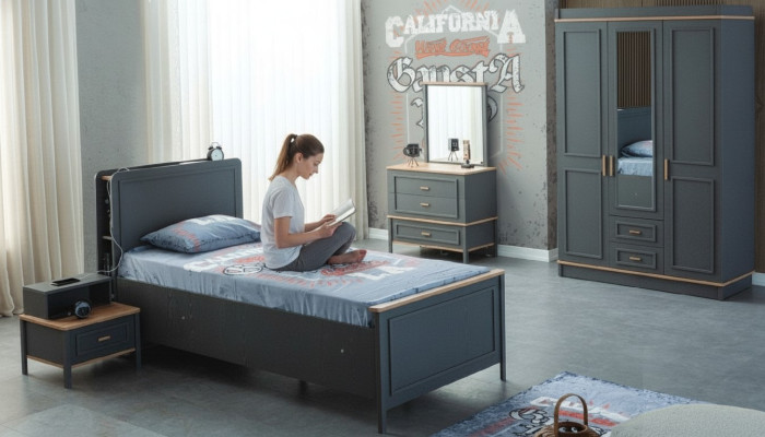 Lit pour enfants Chambre d'enfants Mobilier pour enfants Suite Lit Gris Bois Ensemble 5 pièces