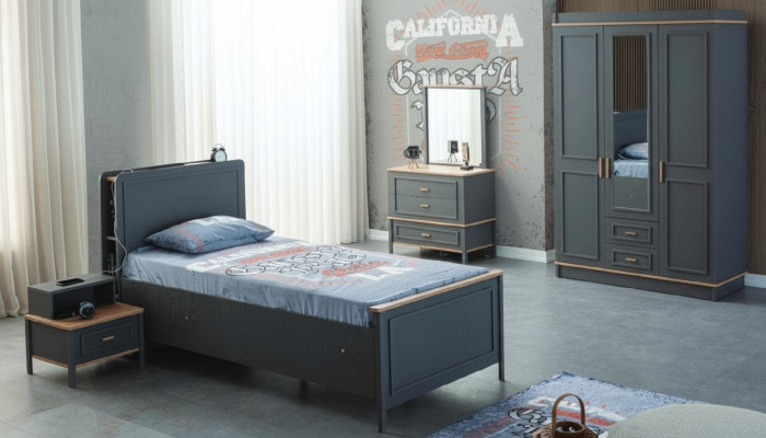 Lit pour enfants Chambre d'enfants Mobilier pour enfants Suite Lit Gris Bois Ensemble 5 pièces