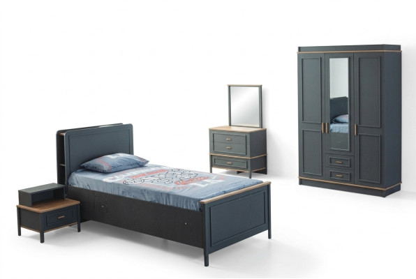 Lit pour enfants Chambre d'enfants Mobilier pour enfants Suite Lit Gris Bois Ensemble 5 pièces