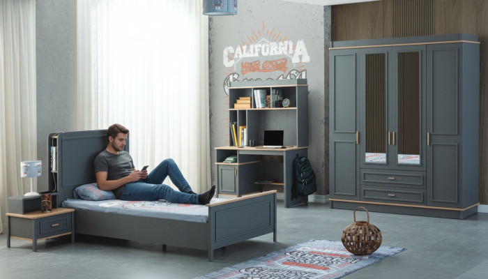 Meubles de chambre d'enfants Lit d'enfants Lit d'enfants Gris Bois Ensemble 4 pièces