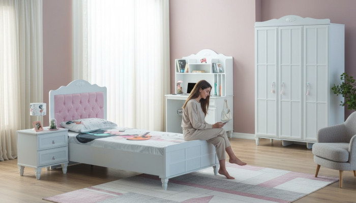 Groupe blanc Lit d'enfants Mobilier pour enfants Chambre d'enfants Lit Bois Ensemble 4 pièces