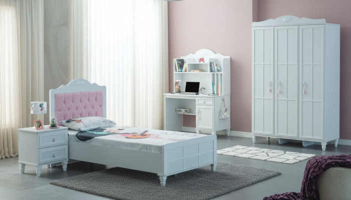 Groupe blanc Lit d'enfants Mobilier pour enfants Chambre d'enfants Lit Bois Ensemble 4 pièces