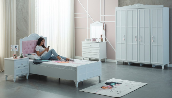 Set complet de meubles de luxe pour enfants Lit d'enfants Blanc Bois 5 pièces Chambre d'enfants