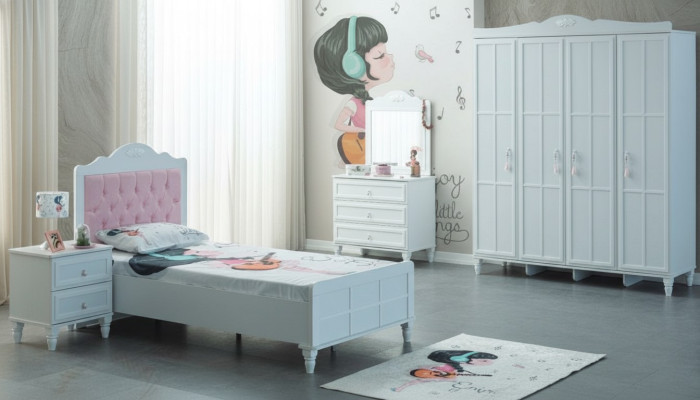 Set complet de meubles de luxe pour enfants Lit d'enfants Blanc Bois 5 pièces Chambre d'enfants