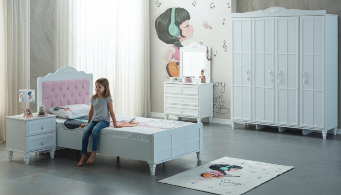 Chambre d'enfant Complète avec mobilier pour enfants Lit d'enfant en bois Ensemble 5 pièces Blanc