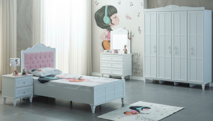 Chambre d'enfant Complète avec mobilier pour enfants Lit d'enfant en bois Ensemble 5 pièces Blanc