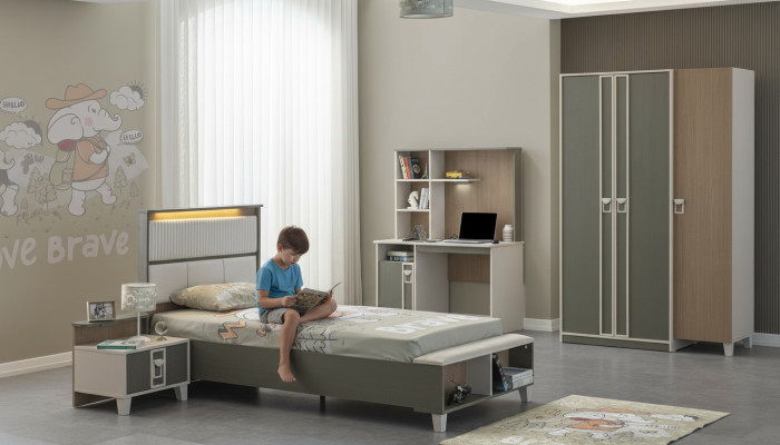 Chambre d'enfant Suite Lit Lit pour enfants Mobilier pour enfants Gris Bois Ensemble 4 pièces