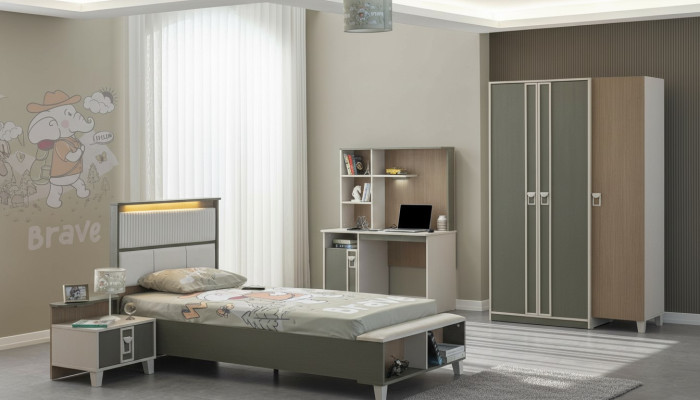 Chambre d'enfant Suite Lit Lit pour enfants Mobilier pour enfants Gris Bois Ensemble 4 pièces