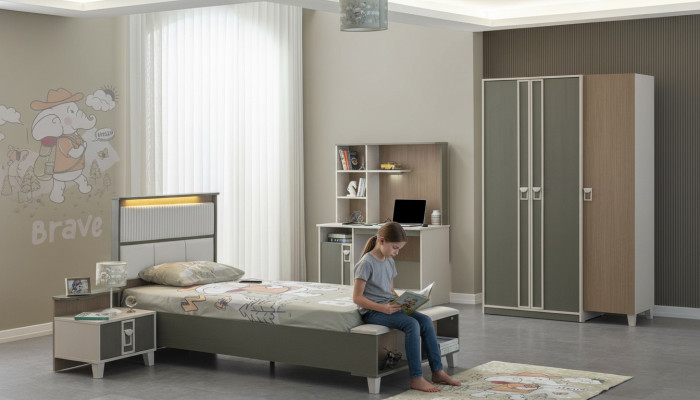 Suite de mobilier pour enfants Chambre d'enfants Lit Lit d'enfant Gris Bois Ensemble 4 pièces