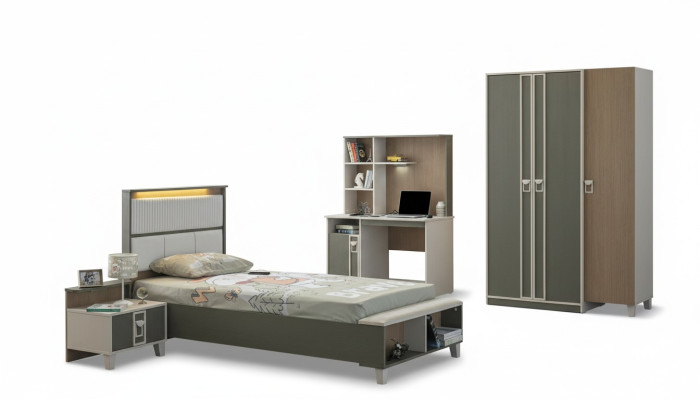 Suite de mobilier pour enfants Chambre d'enfants Lit Lit d'enfant Gris Bois Ensemble 4 pièces