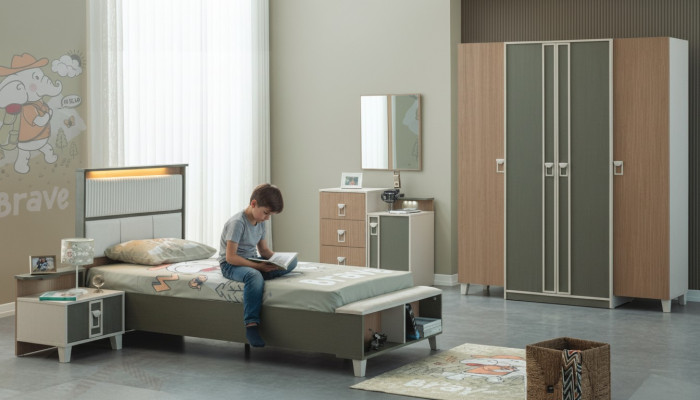 Ensemble de meubles pour enfants Complete Childrens Bed en bois gris 5 pièces pour la chambre d'enfants.