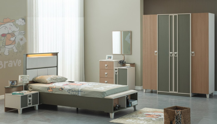 Ensemble de meubles pour enfants Complete Childrens Bed en bois gris 5 pièces pour la chambre d'enfants.