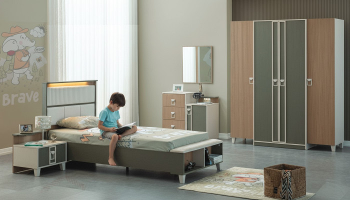 Ensemble de meubles pour enfants complet et moderne, lit pour enfants en bois gris, ensemble de 5 pièces, table de chevet.