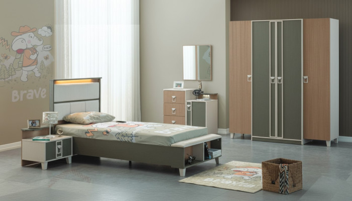 Ensemble de meubles pour enfants complet et moderne, lit pour enfants en bois gris, ensemble de 5 pièces, table de chevet.
