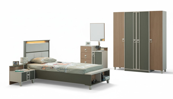 Ensemble de meubles pour enfants complet et moderne, lit pour enfants en bois gris, ensemble de 5 pièces, table de chevet.