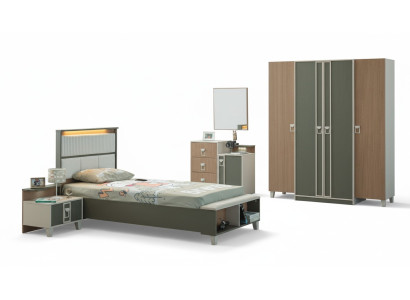 Ensemble de meubles pour enfants complet et moderne, lit pour enfants en bois gris, ensemble de 5 pièces, table de chevet.
