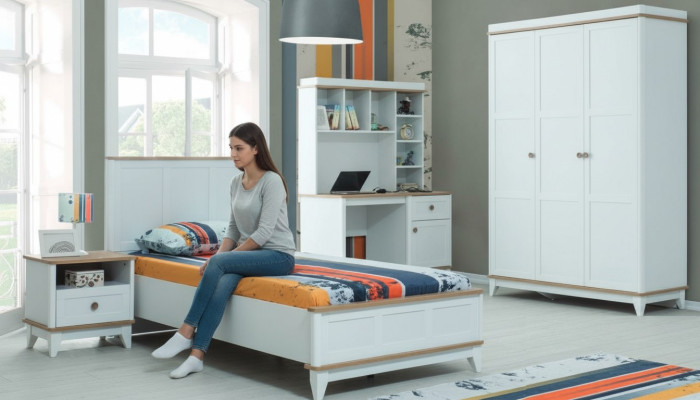 Lit pour jeunes enfants complet, ensemble de meubles pour enfants, lit pour enfants en bois blanc 4 pièces moderne.