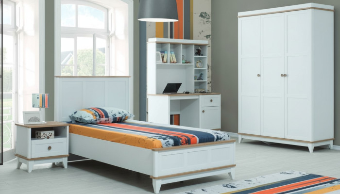 Lit pour jeunes enfants complet, ensemble de meubles pour enfants, lit pour enfants en bois blanc 4 pièces moderne.