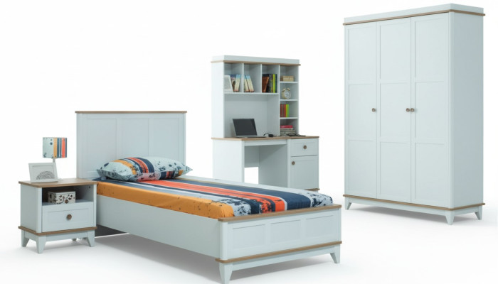 Lit pour jeunes enfants complet, ensemble de meubles pour enfants, lit pour enfants en bois blanc 4 pièces moderne.