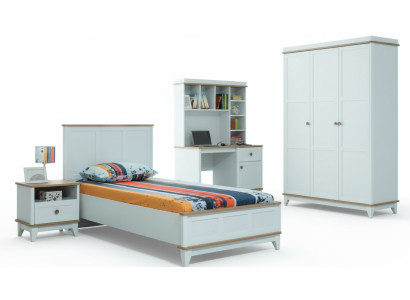 Lit pour jeunes enfants complet, ensemble de meubles pour enfants, lit pour enfants en bois blanc 4 pièces moderne.