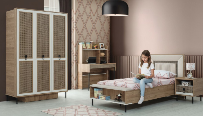 Moderne ensemble de chambre d'enfant complet - Lit d'enfant en bois brun 4 pièces - Neuf